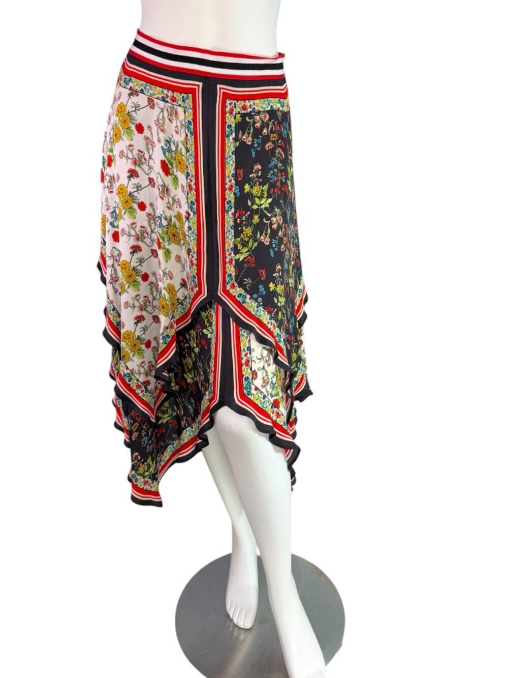 Alice and Olivia Maura Floral Tiered Handkerchief Hem Midi Skirt $485 Size 4